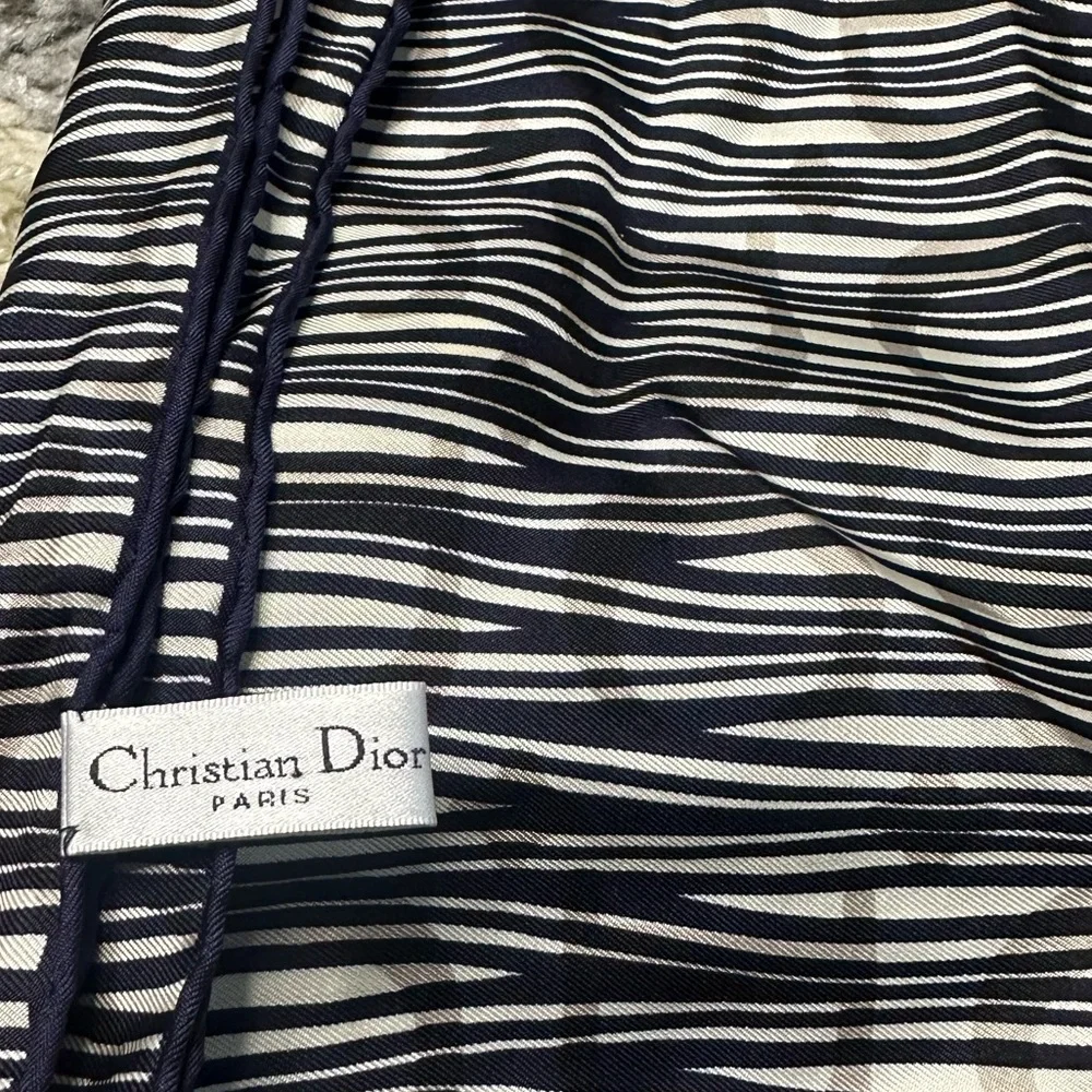 Christian Dior Navy and White Striped 100% Silk Scarf